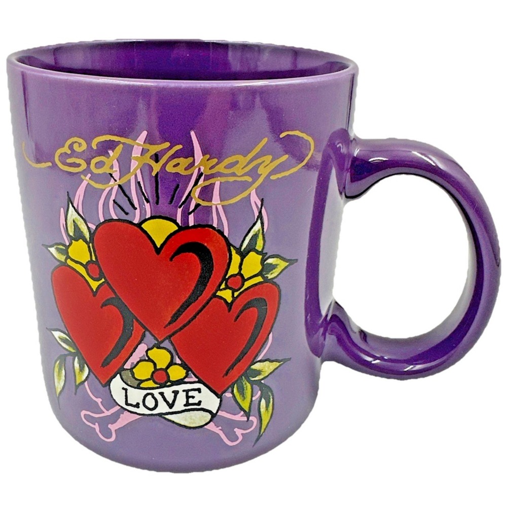 Ed Hardy Love Hearts Mug Purple Tattoo Art Mad Engine Ceramic Coffee Cup